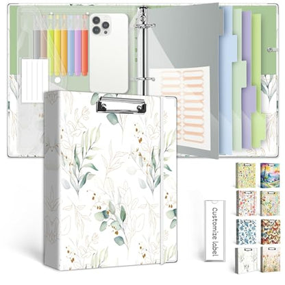3 Ring 1 Inch Binder Organizer, KLLVE Three Ring Binders with Clipboard, 5 Pocket Divider with tabs, Folder, 18 Divider Stikers, Pen Loop (Leaves, Letter Size) - color: Leaves, size: 1in（Letter Size）