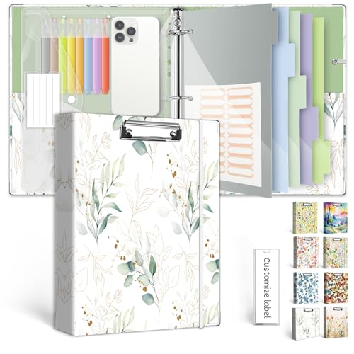 3 Ring 1 Inch Binder Organizer, KLLVE Three Ring Binders with Clipboard, 5 Pocket Divider with tabs, Folder, 18 Divider Stikers, Pen Loop (Leaves, Letter Size) - color: Leaves, size: 1in（Letter Size）