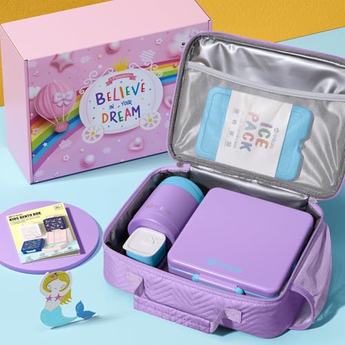 Fimibuke Kids Bento Snack Lunch Box with Thermo Insulated Toddler Lunch Bag | Lunch Box Kids with 4 Compartment, Food Jar, Ice Pack, Utensils, Birthday Gifts for Ages 3-12 Back to School Toddler Girl Boy - color: B2.Purple & Blue