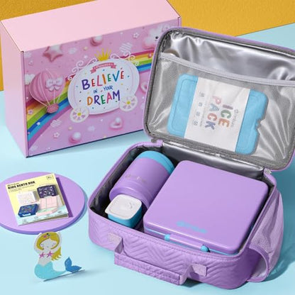 Fimibuke Kids Bento Snack Lunch Box with Thermo Insulated Toddler Lunch Bag | Lunch Box Kids with 4 Compartment, Food Jar, Ice Pack, Utensils, Birthday Gifts for Ages 3-12 Back to School Toddler Girl Boy - color: B2.Purple & Blue