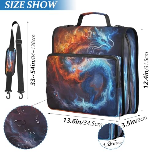 Caikeny 3 Ring Zipper Binder Fantasy Ice Fire Dragon 1.5 inch Binders Bag Blue Red with Shoulder Strap and Handle Expanding File Pockets - color: Multicolored 1z2.2