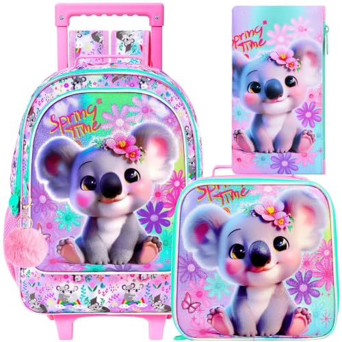 KLFVB Rolling Backpack for Girls, 3PCS Kids Roller Bookbag with Lunch Bag, Wheeled School Bag for Children - Koala - color: Upgraded Uv Printing Pink Koala Rolling Backpack