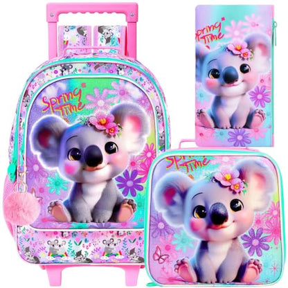 KLFVB Rolling Backpack for Girls, 3PCS Kids Roller Bookbag with Lunch Bag, Wheeled School Bag for Children - Koala - color: Upgraded Uv Printing Pink Koala Rolling Backpack