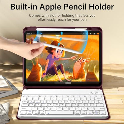 kenke for iPad 11/10th Gen Case with Keyboard 11/10.9 inch 2025 A16/2022, Detachable Wireless Bluetooth Keyboard Case with Built-in Bulit-in Pencil Holder, White Square Keycaps (Dark Cherry) - color: Cherry