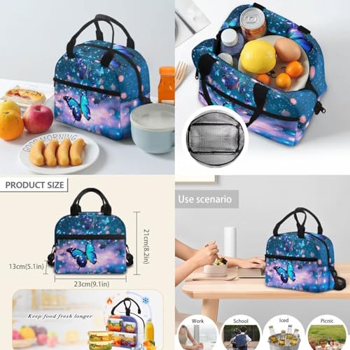 Blue Butterfly Backpack Set for Girls 6-12, Elementary Kids School Bookbag with Insulated Lunch Box, Pencil Case & Water Bottle Holder for Back to School - color: Blue Butterfly