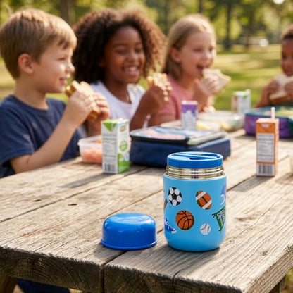 Wildkin Kids 10 oz Insulated Food Jar, Game On | Wide-mouth 10 oz jar keeps food hot up to 5 hrs and cold up to 7 hrs · includes two folding spoons · stainless steel interior - color: Game On