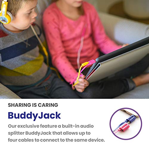 ONANOFF BuddyPhones Discover, Volume-Limiting Kids Headphones, Comfortable and Durable, Built-in Audio Sharing Cable, Compatible with Fire, iPad, iPhone, and Android Devices, Pink