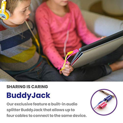 ONANOFF BuddyPhones Discover, Volume-Limiting Kids Headphones, Comfortable and Durable, Built-in Audio Sharing Cable, Compatible with Fire, iPad, iPhone, and Android Devices, Pink