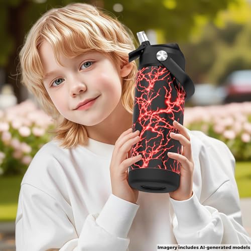 Boys Girls Water Bottle with Straw,18 oz Kids Insulated Cups with Stainless Steel Leak Proof for School,Sport&Travel（Lightning-Red） - color: A15.Lightning-R