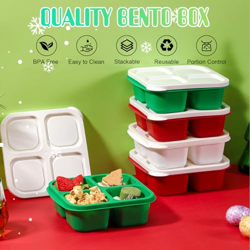 Honeydak 5 Pack Snack Containers 4 Compartment Bento Snack Boxes Reusable Lunchable Containers with Lids Divided Meal Prep Lunch Food Storage Box for School Work Travel(Christmas,Equal) - color: Christmas, style: Equal