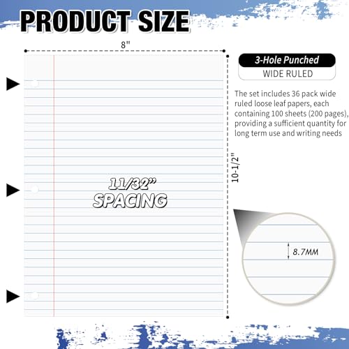 Fulmoon 36 Pcs 8" x 10-1/2" Wide Ruled Loose Leaf Paper 3 Hole Punched Notebook Paper 100 Sheets Per Pack, 56 Gsm, Filler Paper for Adults Students Binder College School - size: Wide Ruled