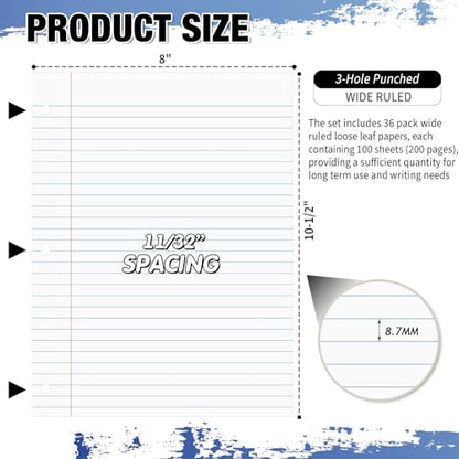 Fulmoon 36 Pcs 8" x 10-1/2" Wide Ruled Loose Leaf Paper 3 Hole Punched Notebook Paper 100 Sheets Per Pack, 56 Gsm, Filler Paper for Adults Students Binder College School - size: Wide Ruled