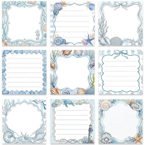 Coastal Sticky Notes Gifts, 9 Pack Coastal Notepads 3x3 Inches, Summer Seashell Pastel Self-Adhesive Memo Pads, School Teacher Office Study Supplies Gift (450 Sheets) - style: Coastal