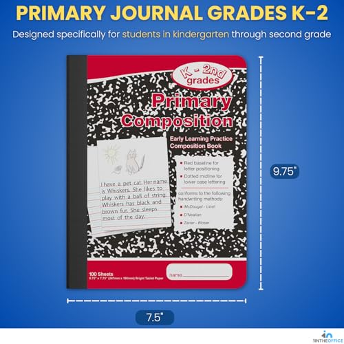 1InTheOffice Primary Composition Notebook K-2, Primary Journal, Kindergarten Notebook, 7.5" x 9.75", 100/Sheets, Red/Black Marble, 4 Pack