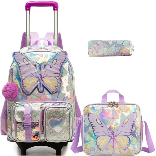 Meetbelify Girls Cute Backpack with Wheels for Elementary Students Kids Black Travel Luggage - color: Butterfly