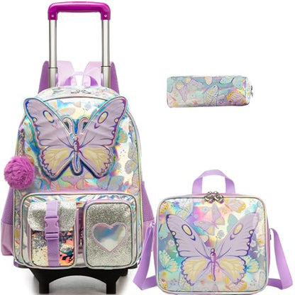 Meetbelify Girls Cute Backpack with Wheels for Elementary Students Kids Black Travel Luggage - color: Butterfly