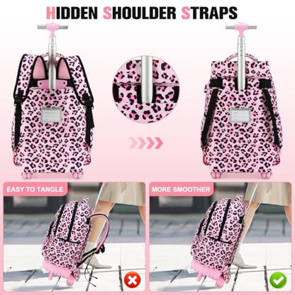 ACESAK Rolling Backpack for Girls - Roller Wheels School bag with Lunch Bag & Pencil Pouch for Teen Girls Kids Wheeled Suitcase Backpacks, Elementary Middle School Travel Daypack (Pink Leopard) - color: Pink Leopard