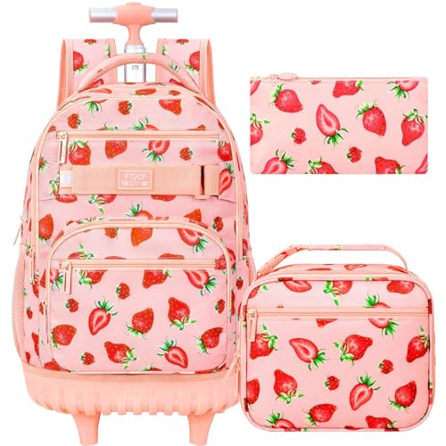 HPJGD Rolling Backpack for Girls, Womens Strawberry School Backpacks with Wheels, Water-Resistant Roller Kids Wheeled Bookbag Set with Lunch Box - color: Pink Strawberry Rolling Set