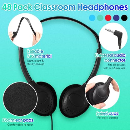 Frienda 48 Pack Classroom Headphones Bulk, Wired School Headsets for Students, Stereo Headphones with 3.5 mm Plug for Classroom, Online Learning, Library(Basic,Black) - color: Black, style: Basic