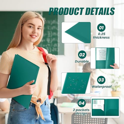 Gueevin 100 Pack Plastic Folder with Pockets, 2 Pocket Folders, Plastic Glossy Folders Fit Letter Size Paper, Heavy Duty Durable File Folder with Business Card for Home Office School (Teal Green) - color: Teal Green