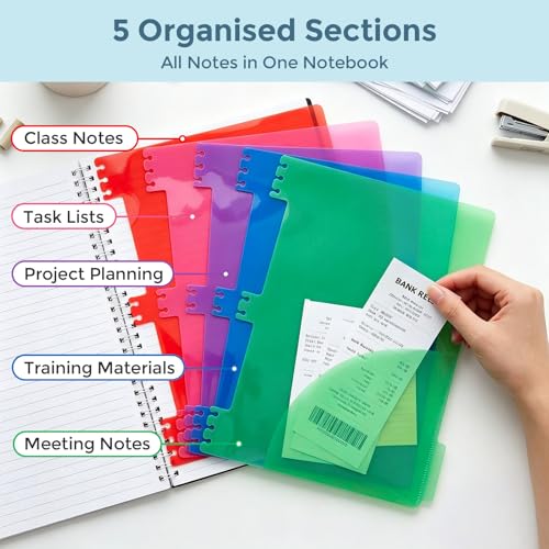 Subject Notebook Wide Ruled, 8.5x11inch Hardcover 5 Subject Lined Spiral Notebook with Dividers Tabs for School Note Taking Office Journal, 220 Pages, Black - color: Black