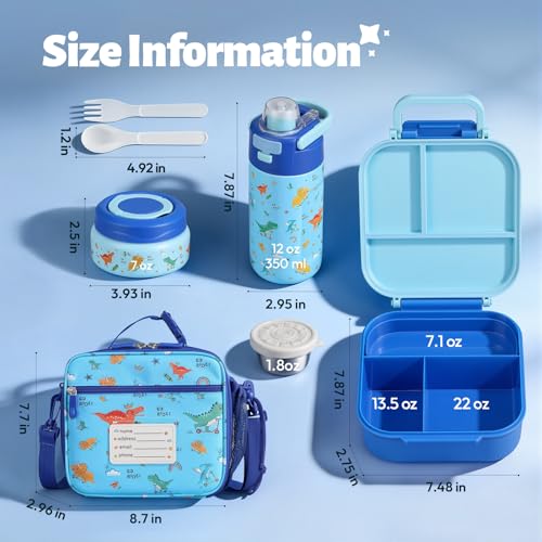 Itslife Bento Lunch Box for Kids Set, insulated food container, 7 oz thermos for hot food, 12 oz thermos water bottle, Reusable Insulated Ice Bag & Fork Spoon Utensils Camping Travel Blue-KL - color: Blue-KL