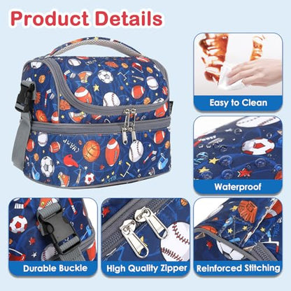 FlowFly Double Decker Cooler Insulated Lunch Bag Large Tote for Boys, Girls, Men, Women, With Adjustable Strap, Football - color: Football