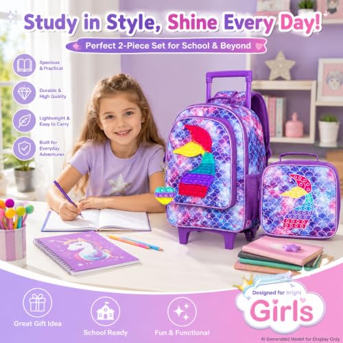 WZLVO 4PCS Rolling Backpack for Girls,Kids Mermaid Backpacks with Roller Wheels, Wheeled Bookbag with Lunch Box for Toddler Elementary School - color: Fish Rolling Purple