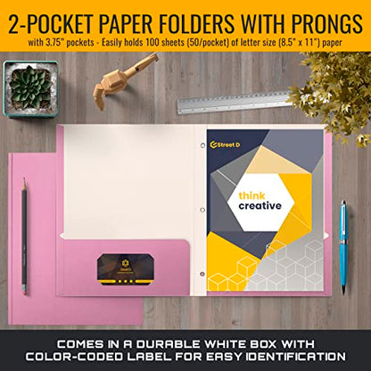 Better Office Products Pink Paper 2 Pocket Folders with Prongs, 50 Pack, Matte Texture, Letter Size Paper Folders, 50 Pack, with 3 Metal Prong Fastener Clips, Pink - color: Pink