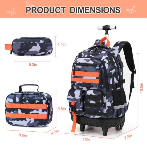 DIGOBAY Camo Rolling Backpack for Boys, 3PCS Tactical Kids Rolling Backpack Set with Lunch Bag & Pencil Case, Boys Wheeled School Bookbag for Elementary, Middle, High School - color: Camouflage Gray/Orange