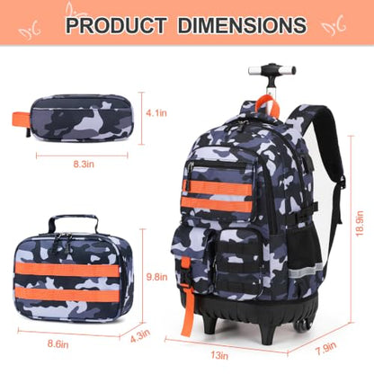 DIGOBAY Camo Rolling Backpack for Boys, 3PCS Tactical Kids Rolling Backpack Set with Lunch Bag & Pencil Case, Boys Wheeled School Bookbag for Elementary, Middle, High School - color: Camouflage Gray/Orange
