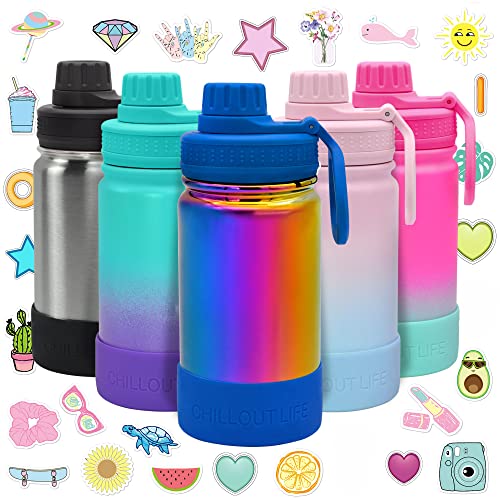 CHILLOUT LIFE 12oz Kids Insulated Stainless Steel Water Bottle with Leak Proof Spout Lid & 144 Stickers - color: Magic Rainbow, style: 12 oz