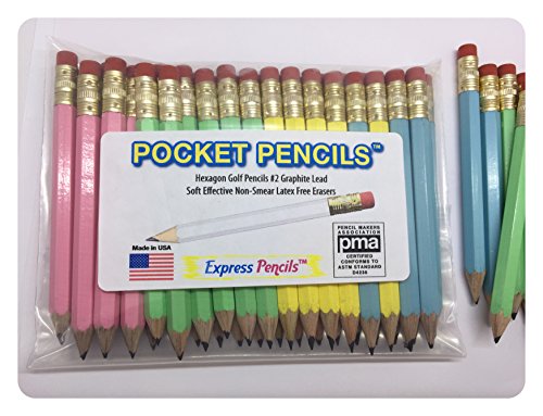 Express Pencils™ Pastel Assortment Golf Pencils with Eraser - Half, Pew, Short, Mini, Small, Non Toxic - Hexagon, Sharpened, 2 Pencil, Color - Asst. Pastels, Pkg of 36 Pocket Pencils