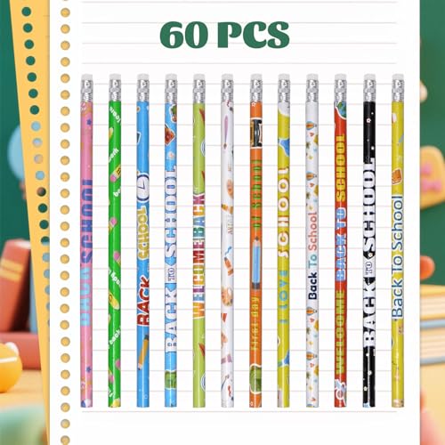 cnomg 60 Pcs Welcome Back to School Pencils First Day of School Motivational Pencils with Eraser Bulk Wood Writing Instrument for Teachers Classrooms Exams eward Gifts Stationery Party