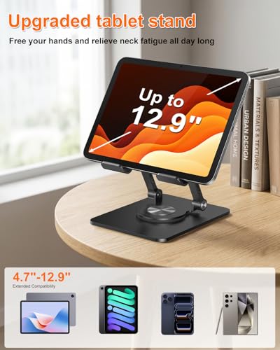 Tablet Stand for iPad, Aluminum iPad Stand for Desk | 360° Rotating, Compatible with 4.7-12.9" iPad, Foldable, for Tablet, Kindle, Galaxy Tab, Black - color: Black