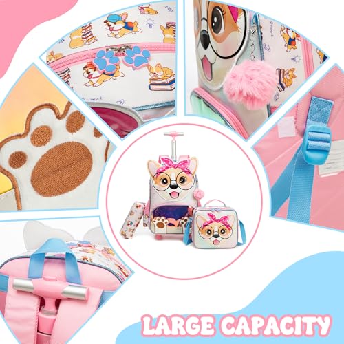 Meetbelify Backpack with Wheels for Girls Rolling Backpack Cute Carry on Backpack Kids Luggage with Lunch Box Pencil Case for Elementary Student - color: Dog