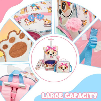 Meetbelify Backpack with Wheels for Girls Rolling Backpack Cute Carry on Backpack Kids Luggage with Lunch Box Pencil Case for Elementary Student - color: Dog