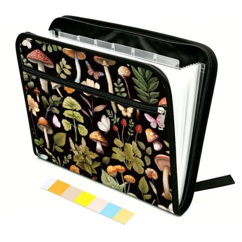 WEBEEDY Mushroom Botanical Expanding File Folder 13 Pockets Butterfly Plants Accordion Folder with Labels and Zipper, Waterproof Portable Expandable File Organizer for A4 Paper Photo Letter Receipt - color: Mushrooms and Herbs