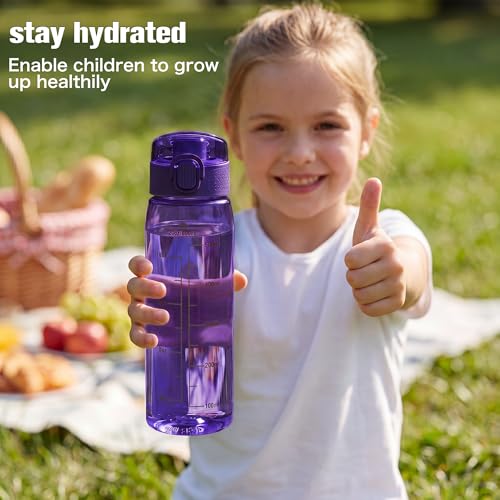 GOPPUS 20oz Kids Water Bottle with Time Marker & Handle, Tritan BPA-Free, Reusable Leakproof Anti-Dust Everyday, Clear Kids Water Bottles For School,Car Travel, Gifts Boys Girls(Dark Purple) - color: Dark Purple