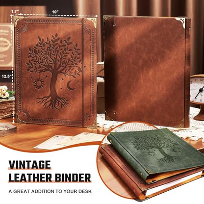 Ovesmusl Leather 3 Ring Binder Fits 8.5"x11" Letter Size Paper, 1 Inch Round Ring Binder Holds 200 Sheets, Notepad Paper Cover Loose Leaf Organizer, Brown Tree - color: Brown Tree, size: 1" Ring