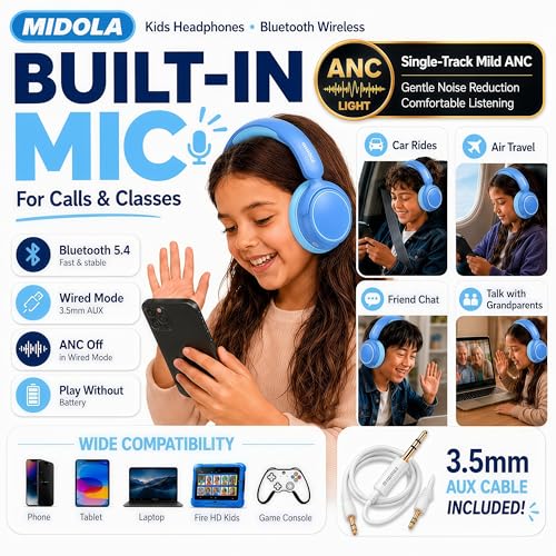 MIDOLA Kids Wireless Headphones Active Noise Cancelling Lightweight Bluetooth Headphone for Kid,Volume Limited 85/94dB Foldable Over-Ear Headset with Mic,68 Hours Playtime,for Toddler Child Blue - color: Blue