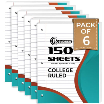 Rosmonde College Ruled Combo, Loose Leaf Paper, 450 Sheets, 6 Pack, 3 Hole Punched, Filler Paper & Spiral Notebook, 6 Pack, 5 Subject, 300 Pages(150 Sheets), 3 Hole Punched, School, College & Office