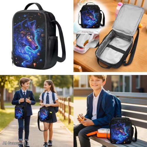 Galaxy Wolf Backpack for Boys Girls Backpack with Lunch Box Water Bottle Pouch and Soft Pencil Case 4PCS Set Cute Bookbag with Front Pocket 17" Large School Bag for Graduation Season Gift - color: Cool Galaxy Wolf