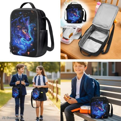 Galaxy Wolf Backpack for Boys Girls Backpack with Lunch Box Water Bottle Pouch and Soft Pencil Case 4PCS Set Cute Bookbag with Front Pocket 17" Large School Bag for Graduation Season Gift - color: Cool Galaxy Wolf