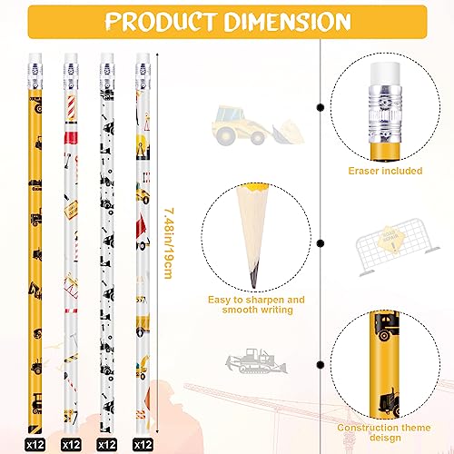 Teling 48 Pcs Construction Party Favors Fun Pencils in Bulk with Eraser for Theme Birthday Supplies Wooden Number 2 Graphite Pencils for Students Back to School Gifts Classroom - style: Construction Theme
