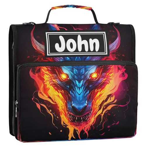 Dragon Fire Black Print Custom Zipper Binder Bag 3 Ring with Shoulder Strap & Handle Personalized Binder Bag Expandable File Folder for School - color: Multi-dragon Fire Black