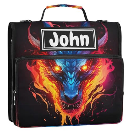 Dragon Fire Black Print Custom Zipper Binder Bag 3 Ring with Shoulder Strap & Handle Personalized Binder Bag Expandable File Folder for School - color: Multi-dragon Fire Black