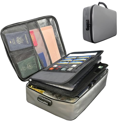 Yuanshikj Portable Fireproof Waterproof Document Organizer with Lock,Grey | 3 digit Code,15.1"x11.2"x4.3",Heat Insulated Fire＆Water-Resistant Box 13 Layers File, Home Travel Safe Storage for Important - color: Grey