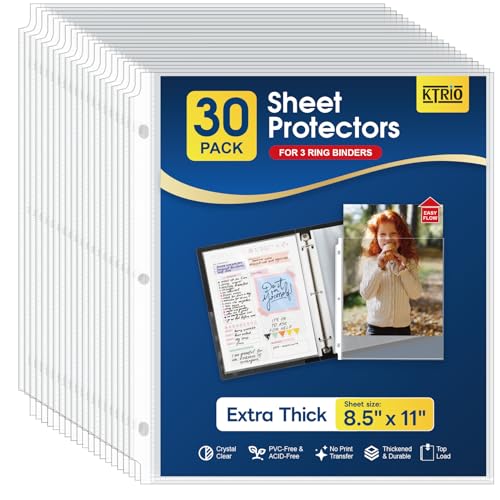 KTRIO Sheet Protectors 8.5 x 11 Inches Clear Page Protectors for 3 Ring Binder 50 Pack, Heavyweight Sheet Protectors 8.5 x 11 Inches 3 Mil Top Loading Letter Size, 30 Pack