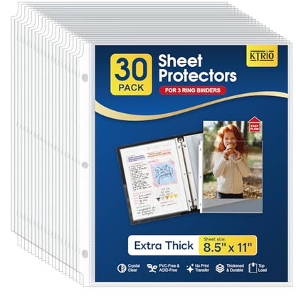 KTRIO Sheet Protectors 8.5 x 11 Inches Clear Page Protectors for 3 Ring Binder 50 Pack, Heavyweight Sheet Protectors 8.5 x 11 Inches 3 Mil Top Loading Letter Size, 30 Pack